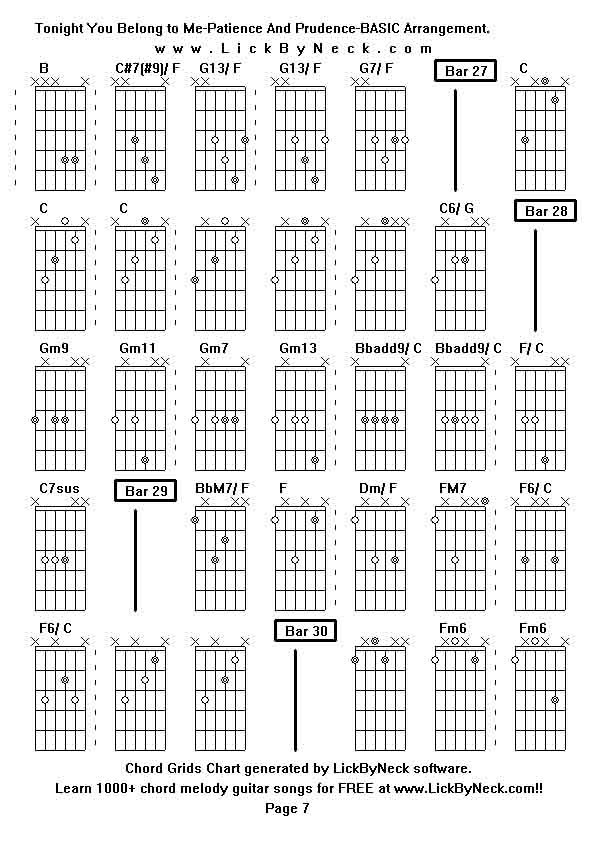 Chord Grids Chart of chord melody fingerstyle guitar song-Tonight You Belong to Me-Patience And Prudence-BASIC Arrangement,generated by LickByNeck software.